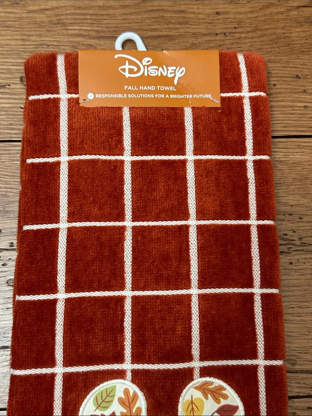 Disney Rust and White Grid Fall Hand Towel with Leaf Mickey